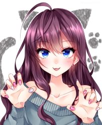 Rule 34 | 1girl, :3, absurdres, ahoge, animal ears, animal hands, bare shoulders, blue eyes, cat ears, cat tail, collarbone, commentary request, earrings, eyelashes, fake animal ears, fang, hands up, highres, ichinose shiki, idolmaster, idolmaster cinderella girls, jewelry, long hair, looking at viewer, multicolored nails, nail polish, off-shoulder, off-shoulder sweater, off shoulder, open mouth, paw pose, paw print, pink nails, purple hair, sasakichi (ssk chi), silver nails, simple background, smile, solo, stud earrings, sweater, tail, upper body, wavy hair