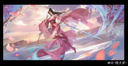 Rule 34 | 1girl, absurdres, bird, boots, brown hair, chinese clothes, cloud, floating, flying, full body, hair bun, hand up, high heel boots, high heels, highres, holding, holding sword, holding weapon, index fingers together, jian (weapon), leg up, long hair, long sleeves, looking at viewer, mountain, original, outdoors, sash, sword, weapon, xiang daxia