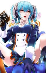 Rule 34 | 1girl, :o, bad food, bad id, bad pixiv id, blue gloves, blue hair, blue skin, breasts, brown eyes, brown footwear, cleavage, cleavage cutout, clothing cutout, colored skin, food, gloves, hand on another&#039;s head, highres, horns, kamemushi (hoozuki), lapis (sennen sensou aigis), looking at viewer, sandwich, sennen sensou aigis, simple background, sitting, speech bubble, spread legs, straddling, translation request, white background, wrist cuffs