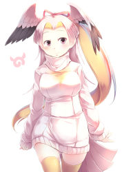 Rule 34 | 10s, 1girl, absurdres, bird tail, bird wings, blonde hair, blush, bow, commentary, cowboy shot, dress, forehead, great white pelican (kemono friends), hair bow, hair intakes, head wings, highres, kanzakietc, kemono friends, long hair, long sleeves, looking at viewer, multicolored hair, pink hair, ponytail, red eyes, red hair, sleeves past wrists, solo, sweater, sweater dress, tail, thighhighs, turtleneck, turtleneck sweater, very long hair, white hair, wings, yellow thighhighs, zettai ryouiki