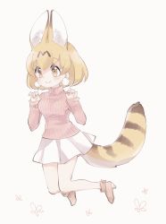 Rule 34 | 1girl, alternate costume, animal ears, blonde hair, blush, boots, cat ears, cat girl, cat tail, claw pose, commentary request, earrings, high heel boots, high heels, highres, jewelry, kemono friends, kuromitsu (9633 kmfr), long sleeves, pink footwear, pink sweater, pleated skirt, serval (kemono friends), short hair, skirt, solo, sweater, tail, turtleneck, turtleneck sweater, white skirt, yellow eyes