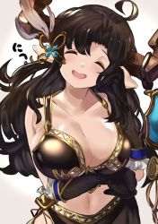 Rule 34 | 1girl, ^ ^, absurdres, ahoge, augusta (granblue fantasy), black gloves, black hair, blush, breasts, cleavage, closed eyes, collarbone, draph, closed eyes, gloves, granblue fantasy, hair ornament, highres, horns, large breasts, long hair, maou (maoudaisukiya), navel, open mouth, pointy ears, smile, solo