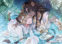 Rule 34 | 2boys, all fours, animal ears, black hair, blonde hair, blue eyes, blue eyeshadow, blue gemstone, braid, closed mouth, dark-skinned male, dark skin, eyeshadow, fangs, feet out of frame, fingernails, floral print, flower, flower wreath, gem, gold necklace, gold trim, green eyes, grin, hair between eyes, hair tubes, hand on another&#039;s back, head wreath, highres, hyena boy, hyena ears, hyena tail, jewelry, leona kingscholar, lion boy, lion ears, lion tail, long hair, looking at viewer, makeup, male focus, moneko, multiple boys, necklace, official alternate costume, palm leaf, pants, parted bangs, partially submerged, patterned clothing, ruggie bucchi, scar, scar across eye, scarf, see-through, shirt, short hair, side braid, sitting, smile, stole, tail, tassel, twisted wonderland, water, wet, wet clothes, white flower, white pants, white scarf, white shirt, yellow eyeshadow