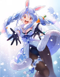 Rule 34 | 1girl, :d, animal ear fluff, animal ears, bare shoulders, black gloves, black leotard, blue hair, blush, bow, braid, breasts, brown pantyhose, carrot hair ornament, commentary request, detached sleeves, don-chan (usada pekora), dress, eyebrows hidden by hair, food-themed hair ornament, fur-trimmed dress, fur-trimmed gloves, fur trim, gloves, hair between eyes, hair bow, hair ornament, highres, hololive, leotard, looking at viewer, multicolored hair, open mouth, outstretched arms, pantyhose, puffy short sleeves, puffy sleeves, rabbit ears, red eyes, round teeth, short eyebrows, short sleeves, small breasts, smile, snowing, strapless, strapless dress, strapless leotard, teeth, thick eyebrows, twin braids, twintails, two-tone hair, upper teeth only, usada pekora, usada pekora (1st costume), virtual youtuber, white bow, white dress, white hair, white sleeves, yuko (uc yuk)