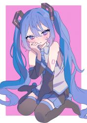 Rule 34 | 1girl, absurdres, bare shoulders, between legs, blue eyes, blue hair, blue necktie, blush, boots, commentary, detached sleeves, full body, grey shirt, hakudaku, hand between legs, hatsune miku, highres, long hair, looking at viewer, miniskirt, necktie, parted lips, pink background, pleated skirt, shirt, sitting, skirt, sleeveless, sleeveless shirt, solo, thigh boots, thighhighs, twintails, two-tone background, very long hair, vocaloid, wariza, zettai ryouiki