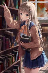Rule 34 | 1girl, :o, aqua eyes, arm up, autumn, blue collar, blush, book, hugging book, bow, bowtie, brown cardigan, brown hair, cardigan, collar, hair ornament, hairclip, highres, holding, holding book, indoors, library, looking at viewer, looking to the side, m1yu, hugging object, orange bow, orange bowtie, original, outstretched arm, pleated skirt, ribbon, skirt, solo, thighs, uniform, x hair ornament