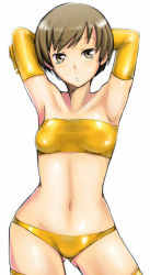 Rule 34 | 1girl, :o, armpits, arms behind head, atlus, bandeau, bare shoulders, breasts, brown eyes, brown hair, collarbone, dark persona, elbow gloves, em (totsuzen no hakike), gloves, gluteal fold, midriff, navel, panties, persona, persona 4, satonaka chie, short hair, solo, strapless, thighhighs, tube top, underwear