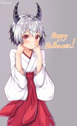 Rule 34 | 1girl, absurdres, ahoge, artist name, black hair, blush, closed mouth, grey background, grey hair, hands on own face, happy halloween, highres, horns, japanese clothes, long sleeves, looking at viewer, miko, nervous, original, rachel bouvier, red eyes, short hair, simple background, solo, watermark