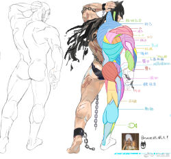 Rule 34 | 1boy, absurdres, anatomy, arrow (symbol), ass, bara, batman, batman (series), blood, briefs, bruce wayne, chain, chinese text, collage, dc comics, full body, highres, how to, male focus, male underwear, mask, mature male, muscular, muscular male, nude, sketch, thick thighs, thighs, translation request, underwear, williamschan