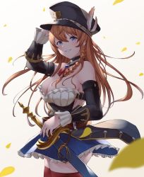 Rule 34 | 1girl, bare shoulders, belt, black hat, blue eyes, blue skirt, braid, breasts, brown belt, brown hair, cleavage, corset, cowboy shot, detached collar, granblue fantasy, grey background, haido (ryuuno kanzume), hair between eyes, hat, hat feather, highres, large breasts, lecia (granblue fantasy), long hair, looking at viewer, peaked cap, pleated skirt, red thighhighs, side braid, simple background, skirt, smile, solo, sword, thighhighs, weapon, white background