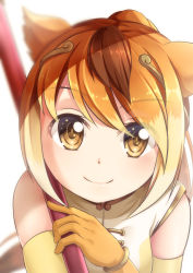 Rule 34 | 10s, 1girl, animal ears, bare shoulders, blonde hair, blurry, bracelet, brown eyes, brown hair, circlet, commentary, elbow gloves, eyes visible through hair, face, gloves, golden snub-nosed monkey (kemono friends), highres, jewelry, kemono friends, long hair, looking at viewer, monkey ears, multicolored hair, orange gloves, orange hair, ponytail, smile, solo, staff, yasume yukito