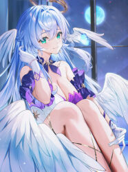 Rule 34 | 1girl, bare shoulders, bead bracelet, beads, blue hair, bracelet, breasts, cleavage, closed mouth, commentary request, eric (tianqijiang), full moon, gloves, green eyes, hair between eyes, halo, highres, honkai: star rail, honkai (series), jewelry, large breasts, legs, long hair, looking at viewer, moon, night, night sky, robin (honkai: star rail), sitting, sky, smile, white gloves, white wings, window, wings
