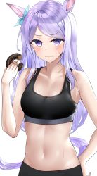Rule 34 | 1girl, absurdres, animal ears, bare shoulders, black sports bra, blush, bow, breasts, cleavage, closed mouth, doughnut, ear bow, food, groin, hand up, highres, holding, holding food, horse ears, kaku yone, long hair, looking at viewer, mejiro mcqueen (umamusume), midriff, navel, purple eyes, simple background, small breasts, solo, sports bra, sportswear, sweat, umamusume, upper body, v-shaped eyebrows, white background