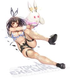 Rule 34 | 1girl, animal ears, bare shoulders, black footwear, black necktie, breasts, brown eyes, brown hair, cleavage, commentary, cropped vest, detached collar, fake animal ears, fingernails, fishnet thighhighs, fishnets, full body, gun, handgun, highres, holding, holding weapon, large breasts, lips, logo, machine, masami chie, midriff, navel, necktie, official art, open mouth, rabbit ears, rabbit tail, shoes, shorts, simple background, sleeveless, solo, suspenders, tail, thighhighs, tokyo exe girls, torn clothes, torn thighhighs, vest, weapon, white background, wrist cuffs