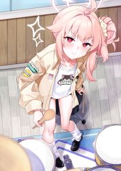 Rule 34 | 1girl, absurdres, ahoge, black footwear, blue archive, blush, chair, closed mouth, collarbone, drumsticks, dusu (htkj), floor, halo, highres, holding, holding drumsticks, indoors, jacket, long hair, long sleeves, looking at viewer, natsu (band) (blue archive), natsu (blue archive), official alternate costume, open clothes, open jacket, pink hair, pink halo, red eyes, shirt, shoes, sitting, smile, socks, solo, white shirt, white socks, yellow jacket