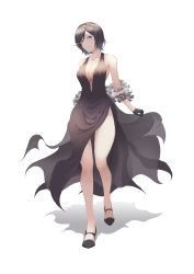 Rule 34 | 1girl, aliasing, bare shoulders, black dress, black footwear, black gloves, black hair, blue eyes, blush, breasts, cleavage, clothes lift, collarbone, dress, dress lift, girls&#039; frontline, gloves, intruder (girls&#039; frontline), legs, looking at viewer, medium breasts, open mouth, sangvis ferri, shoes, short hair, smile, solo, standing, thatob, white background