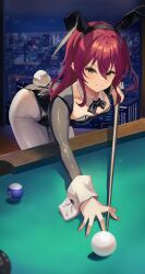 Rule 34 | 1girl, absurdres, alternate costume, animal ears, ball, billiard ball, billiards, black leotard, blush, bocchi the rock!, breasts, detached collar, fake animal ears, female focus, fingernails, highleg, highres, holding cue stick, kita ikuyo, leaning forward, leotard, looking at viewer, nail polish, playboy bunny, rabbit ears, rabbit tail, red hair, side ponytail, small breasts, solo, tail, yato (yama0x1)