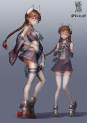 Rule 34 | 2girls, ass, azur lane, blue background, blue sailor collar, blush, boots, braid, breasts, brown hair, closed mouth, commentary request, contrapposto, crop top, dated, detached sleeves, dual persona, elbow gloves, fingerless gloves, gloves, green eyes, green neckerchief, horns, ikeda (cpt), kako (azur lane), large breasts, long hair, looking at viewer, armored boots, multiple girls, neckerchief, sailor collar, school uniform, semi-rimless eyewear, serafuku, signature, single braid, small breasts, standing, thighhighs, twitter username, under-rim eyewear, white legwear, wide sleeves