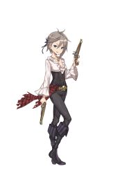 Rule 34 | 1girl, ange (princess principal), asymmetrical hair, belt, belt buckle, black footwear, black legwear, black pants, blue eyes, boots, braid, breasts, buckle, corset, dual wielding, full body, grey hair, gun, handgun, highres, holding, holding gun, holding weapon, jewelry, looking at viewer, necklace, official art, pants, pistol, princess principal, princess principal game of mission, short hair, skull belt, small breasts, solo, standing, tongue, tongue out, transparent background, weapon