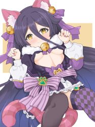 1girl alternate_costume animal_ears black_hair breasts cat_ears cat_tail character_request commentary commentary_request dokutokage fingernails hair_between_eyes hair_ornament halloween_costume highres long_hair looking_at_viewer ribbon simple_background small_breasts solo tail thighhighs twinkle_star_knights yellow_eyes