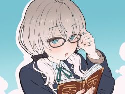 Rule 34 | 1girl, ars almal, black-framed eyewear, black bow, blue jacket, blue ribbon, blush, book, bow, collared shirt, glasses, hair bow, highres, holding, holding book, jacket, long hair, looking at viewer, low twintails, nakamura hayate, neck ribbon, nijisanji, open mouth, ribbon, shirt, solo, twintails, upper body, virtual youtuber, white hair, white shirt