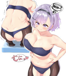 Rule 34 | 1girl, absurdres, ass, azur lane, bandeau, belly, belly grab, black bra, black hairband, black legwear, black panties, bra, breasts, commentary request, curvy, eyelashes, false smile, from above, from behind, hairband, highres, large breasts, looking down, multiple views, navel, panties, parted hair, plump, reno (azur lane), smile, speech bubble, spoken squiggle, squiggle, strapless, translation request, trembling, tube top, underwear, underwear only, ushimittsu, weighing scale, weight conscious, weight gain
