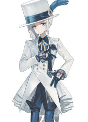 Rule 34 | 1girl, black gloves, blue pants, closed mouth, commentary request, dress, gloves, grey hair, grey shirt, hand on own hip, hat, highres, looking at viewer, pants, reverse:1999, schneider (reverse:1999), shirt, simple background, solo, standing, top hat, white background, white dress, yamamura saki