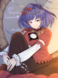 Rule 34 | 1girl, artist name, black skirt, blush, breasts, character name, commentary request, dated, grey background, hair ornament, knee up, large breasts, leaf hair ornament, long sleeves, looking at viewer, mirror, mitama mudimudi, puffy short sleeves, puffy sleeves, purple hair, red eyes, red shirt, rope, shide, shimenawa, shirt, short hair, short sleeves, signature, sitting, skirt, smile, solo, touhou, yasaka kanako
