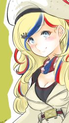 Rule 34 | 10eki (tenchou), 10s, 1girl, anchor hair ornament, belt, beret, blonde hair, blue eyes, blue hair, breasts, cleavage, commandant teste (kancolle), hair ornament, hat, highres, jacket, kantai collection, long hair, looking at viewer, multicolored hair, pom pom (clothes), red hair, scarf, smile, solo, streaked hair, swept bangs, wavy hair, white hair