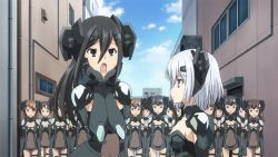 Rule 34 | 10s, 6+girls, animated, animated gif, armor, black hair, date a live, hands on own face, headgear, kusakabe ryouko (date a live), multiple girls, outdoors, tobiichi origami, white hair