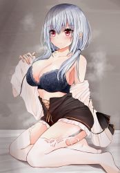 Rule 34 | 1girl, black skirt, blush, bra, breasts, cleavage, collarbone, ex idol, garter straps, grey background, hakase fuyuki, highres, kneeling, lace, lace-trimmed bra, lace trim, large breasts, long hair, looking away, low twintails, nijisanji, red eyes, shirt, silver hair, skirt, solo, steam, steaming body, sweat, thighhighs, twintails, underwear, undressing, virtual youtuber, white shirt, white thighhighs