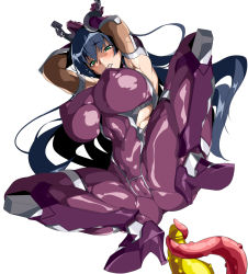 Rule 34 | 1girl, anime coloring, ass, black hair, blush, bodysuit, bound, bound arms, breasts, chain, clenched teeth, covered erect nipples, fishnets, gloves, green eyes, high heels, highres, huge breasts, igawa asagi, imminent penetration, imminent rape, impossible bodysuit, impossible clothes, long hair, looking down, monster, murakami teruaki (style), ninja, parody, potion (moudamepo), purple bodysuit, red background, restrained, scared, shiny clothes, shiny skin, simple background, solo, spread legs, style parody, taimanin (series), taimanin asagi, teeth, tentacles, white background