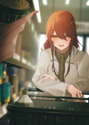 Rule 34 | 1girl, absurdres, aisle, blurry, blush, bottle, brown hair, buttons, can, collared shirt, crossed arms, dress shirt, green shirt, grey jacket, highres, holding, holding can, idolmaster, idolmaster shiny colors, jacket, leaning on object, lights, long hair, odecono3, open mouth, osaki tenka, perspective, red nails, shirt, shop, shopping, shopping cart, smile, solo focus, swept bangs, teeth, upper body, upper teeth only, window, yellow eyes