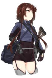 Rule 34 | 1girl, ahoge, asymmetrical sleeves, belt pouch, black gloves, black leotard, blue jacket, brown hair, cowboy shot, cropped jacket, cropped legs, folded hair, garter straps, girls&#039; frontline, gloves, grey thighhighs, hair ribbon, highres, jacket, k0ng, leotard, looking to the side, mechanical arms, pouch, red eyes, ribbon, short hair with long locks, simple background, single mechanical arm, sketch, solo, strap, thighhighs, thighs, type 79 (girls&#039; frontline), type 79 smg, white background, white ribbon
