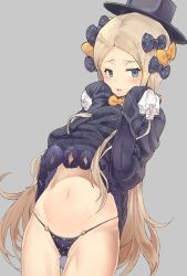 Rule 34 | 1girl, abigail williams (fate), black bow, black dress, black hat, black panties, blonde hair, blue eyes, blush, bow, dress, embarrassed, fate/grand order, fate (series), forehead, grey background, hair bow, hands on own cheeks, hands on own face, hat, hip focus, long hair, long sleeves, looking at viewer, navel, open mouth, orange bow, panties, parted bangs, parted lips, polka dot, polka dot bow, ribbed dress, simple background, sleeves past fingers, sleeves past wrists, solo, sumisu (mondo), thighs, underwear, very long hair