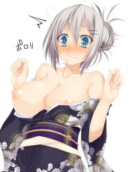 Rule 34 | 1girl, ^^^, aki (suterii), areola slip, blue eyes, blush, breast slip, breasts, hair bun, hair ornament, hairclip, hands up, japanese clothes, kimono, large breasts, nipples, obi, off shoulder, one breast out, original, sash, short hair, silver hair, simple background, single hair bun, solo, suterii, wavy mouth, white background