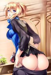 Rule 34 | 10s, 1girl, ass, ass support, blonde hair, blue eyes, blush, breasts, from behind, god eater, god eater 2: rage burst, hatching (texture), highres, huge ass, large breasts, linear hatching, looking at viewer, mole, mole under eye, open mouth, original, player (god eater 2), ponytail, short hair, solo, thong, undressing, watanuki kaname