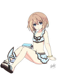 Rule 34 | 1girl, blanc (neptunia), blue eyes, breasts, brown hair, female focus, highres, looking at viewer, neptune (series), short hair, sitting, small breasts, solo, swimsuit, tailgate04
