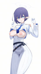 Rule 34 | 1girl, absurdres, aoi (blue archive), belt, blue archive, blue hair, blue necktie, breasts, collared jacket, commentary, cowboy shot, cropped jacket, dongye1551, dress, gloves, halo, high-waist skirt, highres, jacket, long sleeves, looking at viewer, medium breasts, mole, mole under eye, necktie, nipples, no bra, open clothes, open mouth, pointy ears, short hair, simple background, skirt, solo, white background, white dress, white gloves, white uniform