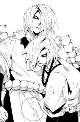 Rule 34 | 2boys, clenched hand, closed mouth, hair over one eye, hand on another&#039;s shoulder, jewelry, lipstick, looking to the side, makeup, male focus, metric80019, monochrome, multiple boys, naruto, naruto (series), necklace, ninja, sakon (naruto), serious, short hair, siblings, twins, ukon (naruto), yin yang, yin yang print