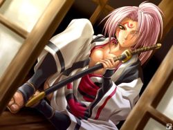 Rule 34 | 1girl, arc system works, baiken, breasts, cleavage, guilty gear, japanese clothes, kagehara hanzou, katana, large breasts, one-eyed, pink hair, ponytail, scar, scar across eye, scar on face, sheath, sheathed, sitting, solo, sword, tattoo, toeless legwear, weapon