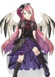 Rule 34 | 1girl, absurdres, angel wings, ascot, dress, duel monster, feathered wings, frilled skirt, frills, full body, ghostrick angel of mischief, green eyes, halo, hat, highres, jewelry, kneehighs, meshida (lux-far-accelerator), mini hat, mini top hat, necklace, parted lips, pearl necklace, pink hair, pointy ears, shoes, short sleeves, simple background, skirt, socks, solo, top hat, white background, white hair, wings, yu-gi-oh!