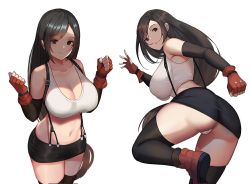 Rule 34 | 1girl, arm warmers, ass, bad id, bad pixiv id, bare shoulders, black eyes, black hair, black skirt, black thighhighs, breasts, cameltoe, cleavage, collarbone, crop top, final fantasy, final fantasy vii, fingerless gloves, gloves, gongba laoge, large breasts, leg up, long hair, looking at viewer, midriff, miniskirt, multiple views, navel, panties, parted lips, red footwear, red gloves, shirt, shoes, sidelocks, simple background, skirt, sleeveless, sleeveless shirt, smile, suspenders, tank top, taut clothes, taut skirt, thighhighs, tifa lockhart, underwear, very long hair, white background, white panties, white shirt