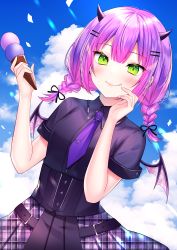 Rule 34 | 1girl, :q, blush, braid, breasts, cloud, cloudy sky, commentary, day, demon girl, demon horns, demon wings, dutch angle, fangs, food, green eyes, haruhitooo, highres, hololive, horns, ice cream, ice cream cone, long hair, looking at viewer, necktie, official alternate costume, outdoors, purple hair, purple necktie, skin fangs, sky, small breasts, smile, solo, tokoyami towa, tongue, tongue out, twin braids, virtual youtuber, wings