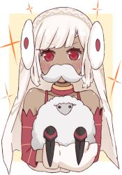 Rule 34 | 1girl, altera (fate), altera the santa (fate), animal, bare shoulders, blunt bangs, blush, breasts, choker, collarbone, dark-skinned female, dark skin, detached sleeves, earmuffs, fake facial hair, fake mustache, fate/grand order, fate (series), gloves, headdress, holding, holding animal, i.u.y, looking at viewer, red eyes, sheep, short hair, simple background, small breasts, solo, tan, veil