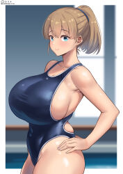 Rule 34 | 1girl, bare arms, bare shoulders, blonde hair, blue eyes, blue one-piece swimsuit, blush, border, breasts, brown hair, closed mouth, collarbone, competition swimsuit, covered navel, cowboy shot, dated, hair between eyes, hand on own hip, hands on own hips, highleg, highleg swimsuit, highres, huge breasts, impossible clothes, impossible swimsuit, indoors, intrepid (kancolle), kantai collection, looking at viewer, one-piece swimsuit, ponytail, pool, shiromaru (maniado), short hair, sideboob, skindentation, smile, solo, standing, swimsuit, twitter username, water, white border, window