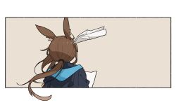 1girl amiya_(arknights) animal_ear_fluff animal_ears arknights blue_jacket border brown_hair facing_away highres holding holding_paper hood hooded_jacket jacket long_hair paper paper_airplane ponytail rabbit_ears sidelocks simple_background solo upper_body white_background yano_(edbr1022) yellow_background