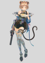 Rule 34 | 1girl, absurdres, animal ears, bell, belt, belt pouch, black gloves, buckle, bullpup, chuck (harfmoondark), counter-strike (series), counter-strike 2, double bun, finger to mouth, fingerless gloves, girls&#039; frontline, gloves, grey background, gun, hair bun, highres, holding, holding gun, holding weapon, jingle bell, leaning to the side, light brown hair, looking at viewer, neck bell, off shoulder, one eye closed, p90 (girls&#039; frontline), parted bangs, pouch, red eyes, shoes, short hair, shorts, simple background, snap-fit buckle, solo, standing, tail, tank top, thigh strap, thighhighs, weapon