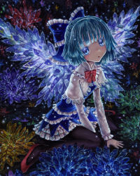 Rule 34 | 1girl, :o, adapted costume, alternate wings, between legs, black pantyhose, blue bow, blue dress, blue eyes, blue hair, blunt bangs, blush, bow, bowtie, capelet, cirno, commentary request, crystal, dress, eyebrows hidden by hair, flat chest, frilled bow, frills, hair bow, hand between legs, ice, ice wings, kabaji, layered skirt, leaning forward, long sleeves, open mouth, pantyhose, petticoat, red bow, red bowtie, red footwear, short hair, sitting, skirt, solo, touhou, traditional media, wariza, white capelet, wings