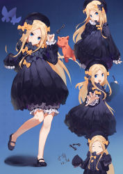 Rule 34 | 1girl, :d, abigail williams (fate), absurdres, arm up, black bow, black dress, black footwear, black hat, blonde hair, bloomers, blue background, blue eyes, blush, bow, bug, butterfly, closed eyes, closed mouth, commentary request, covered mouth, dated, dress, fate/grand order, fate (series), forehead, hair bow, hat, head tilt, highres, holding, holding key, insect, key, long hair, long sleeves, looking at viewer, mary janes, multiple views, open mouth, orange bow, outstretched arm, parted bangs, polka dot, polka dot bow, shoes, signature, sleeves past wrists, smile, standing, standing on one leg, stuffed animal, stuffed toy, teddy bear, teeth, underwear, upper teeth only, very long hair, white bloomers, xiaoyu
